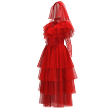 Load image into Gallery viewer, Red Wedding Dress Beetlejuice Lydia Deetz Cosplay Costume for Halloween with Headdress for Women and Kids