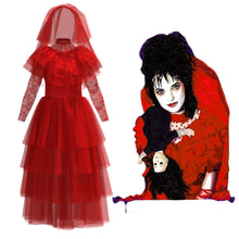 Load image into Gallery viewer, Red Wedding Dress Beetlejuice Lydia Deetz Cosplay Costume for Halloween with Headdress for Women and Kids