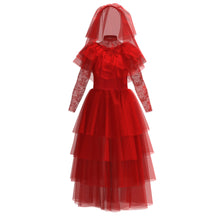 Load image into Gallery viewer, Red Wedding Dress Beetlejuice Lydia Deetz Cosplay Costume for Halloween with Headdress for Women and Kids
