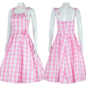 Women and Kids Barbie Costumes Barbie Cosplay Pink Plaid Bow Dress