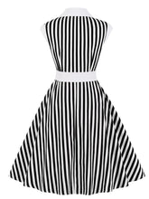 Load image into Gallery viewer, Beetlejuice Costume Black and White Vertical Stripe Swing Dress With Tie
