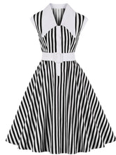 Load image into Gallery viewer, Beetlejuice Costume Black and White Vertical Stripe Swing Dress With Tie
