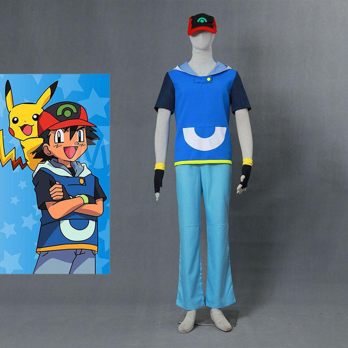 Men and Kids Pokemon Costume Trainer Ash Ketchum Cosplay Hoodie Full Sets