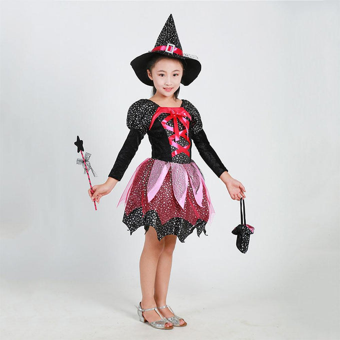 Girls Witch Costume Dress Halloween Witch Cosplay Dress Set with Witch Hat