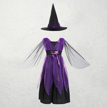 Load image into Gallery viewer, Girls Witch Costume Dress Halloween Witch Cosplay Purple Dress with Witch Hat
