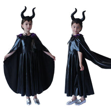Load image into Gallery viewer, For Kids Maleficent Costume Evil Witch Cosplay Set With Cloak and Horn Hat For Halloween Party