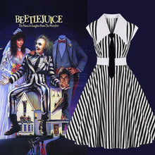 Load image into Gallery viewer, Beetlejuice Costume Black and White Vertical Stripe Swing Dress With Tie