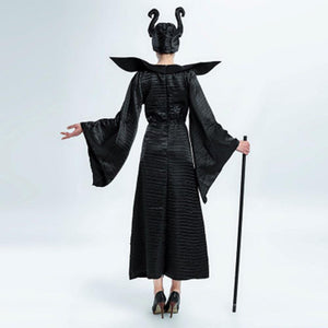 Women Maleficent Costume Evil Witch Cosplay Dress Set With Horn Hat For Halloween Party