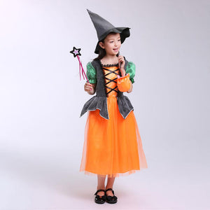 Girls Witch Costume Dress Halloween Witch Cosplay Pumpkin Dress with Witch Hat