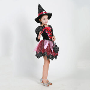 Girls Witch Costume Dress Halloween Witch Cosplay Dress Set with Witch Hat