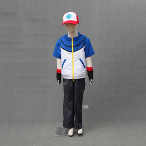 Men and Kids Pokemon Costume Trainer Ash Ketchum Cosplay Short Sleeve Hoodie Full Sets