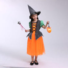 Load image into Gallery viewer, Girls Witch Costume Dress Halloween Witch Cosplay Pumpkin Dress with Witch Hat