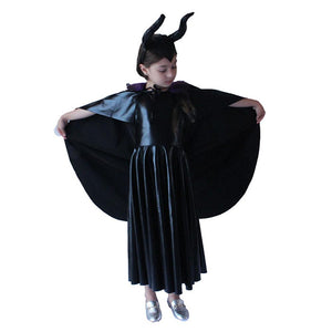 For Kids Maleficent Costume Evil Witch Cosplay Set With Cloak and Horn Hat For Halloween Party