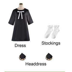 Women and Kids Spy x Family Costume Anya Forger Cosplay Black Dress with Headdress and Stockings