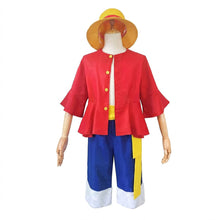 Load image into Gallery viewer, Red Buttoned Ruffled Shirt and Blue Cuffed Shorts Set - Anime Pirate Captain Summer Cosplay Outfits with Yellow Sash and Straw Hat