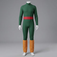 Load image into Gallery viewer, Green Tight Fit Turtleneck Bodysuit Jumpsuit with Red Waist Sash Bow and Orange Leg Warmers Cosplay Outfit