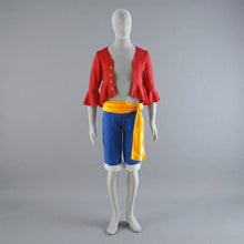 Load image into Gallery viewer, Red Ruffled Cuff Open Front Top and Blue Denim Style Shorts Set - Traditional Anime Pirate Captain Cosplay Uniform Outfits with Yellow Waist Sash