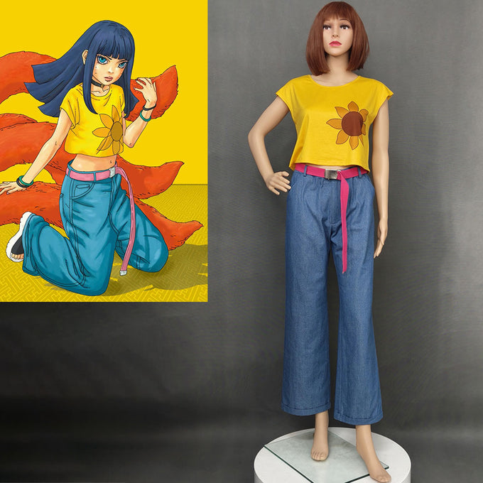 Anime Naruto Boruto Costume Himawari Uzumaki Halloween Cosplay Suit for Women and Kids