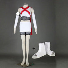 Load image into Gallery viewer, White &amp; Crimson Two-Piece Crop Top and Skirt Set with Mesh Inner Layer and Ninja Sandals Anime Cosplay Costume for Women and Kids