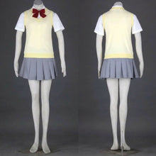 Load image into Gallery viewer, Women and Girls Anime High School Uniform Cosplay Costume, Yellow Vest and Grey Pleated Skirt Set with Red Bowknot