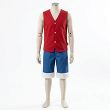 Load image into Gallery viewer, Red Sleeveless V Neck Button Up Vest and Blue Denim Style Shorts Set - Traditional Anime Pirate Boy Cosplay Uniform Outfits with Contrast White Trim
