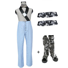 Load image into Gallery viewer, Light Blue High-Waisted Striped Pants with Black Cross Shoulder Strap Anime Style Cosplay Costume with Camouflage Leg Warmers for Men and Kids