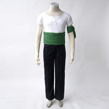 Load image into Gallery viewer, White Short Sleeve Henley Tee and Black Long Pants Set with Green Waist Haramaki Sash and Arm Band Anime Swordsman Cosplay Uniform Outfits