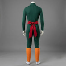Load image into Gallery viewer, Green Tight Fit Turtleneck Bodysuit Jumpsuit with Red Waist Sash Bow and Orange Leg Warmers Cosplay Outfit