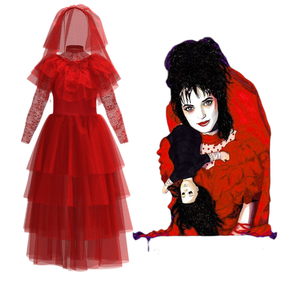 fitted lace wedding dress Red Wedding Dress Beetlejuice Lydia Deetz Cosplay Costume for Hallowee –  Jolly Costume