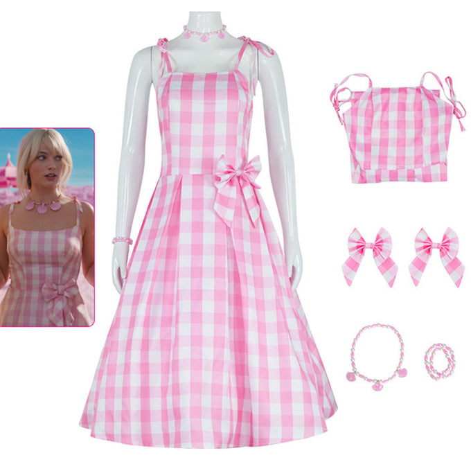 Women and Kids Barbie Costumes Barbie Cosplay Pink Plaid Bow Dress