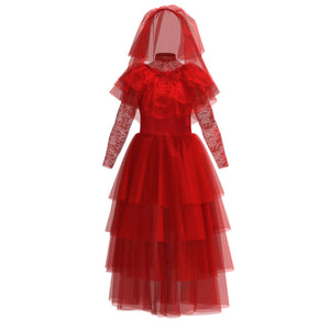Red Wedding Dress Beetlejuice Lydia Deetz Cosplay Costume for Halloween with Headdress for Women and Kids