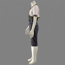 Load image into Gallery viewer, Cream Short Sleeve Crop Jacket with Brown Trim and Black Fishnet Mesh Shirt with Grey Capri Pants Cosplay