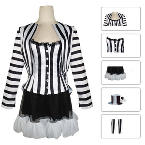 Black and White Vertical Stripes Suit Beetlejuice Lydia Deetz Cosplay Costume for Women and Kids