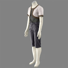 Load image into Gallery viewer, Cream Short Sleeve Crop Jacket with Brown Trim and Black Fishnet Mesh Shirt with Grey Capri Pants Cosplay