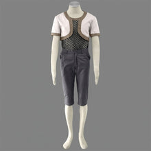 Load image into Gallery viewer, Cream Short Sleeve Crop Jacket with Brown Trim and Black Fishnet Mesh Shirt with Grey Capri Pants Cosplay