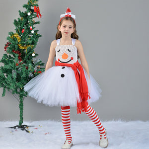 Kids Girl Christmas Costume Snowman White Dress with Hat Set Party Cosplay Outfit Suit