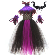 Load image into Gallery viewer, Kids Girl Maleficent Costume Evil Witch Cosplay Set With Cloak and Horn Hat For Halloween Party