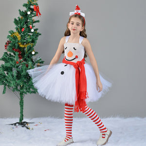Kids Girl Christmas Costume Snowman White Dress with Hat Set Party Cosplay Outfit Suit