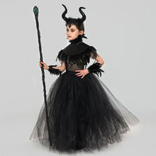 Load image into Gallery viewer, Kids Girl Maleficent Costume Evil Witch Cosplay Set With Cloak and Horn Hat For Halloween Party