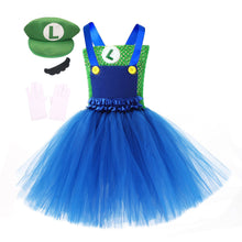 Load image into Gallery viewer, Kids Girl The Super Mario Bros Costume Blue Dress with Hat Set Birthday Party Cosplay Outfit Suit for Halloween