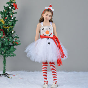 Kids Girl Christmas Costume Snowman White Dress with Hat Set Party Cosplay Outfit Suit