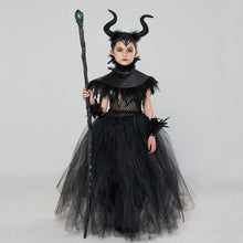 Load image into Gallery viewer, Kids Girl Maleficent Costume Evil Witch Cosplay Set With Cloak and Horn Hat For Halloween Party