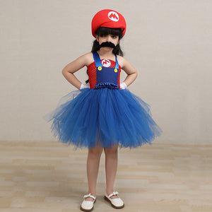 Kids Girl The Super Mario Bros Costume Blue Dress with Hat Set Birthday Party Cosplay Outfit Suit for Halloween