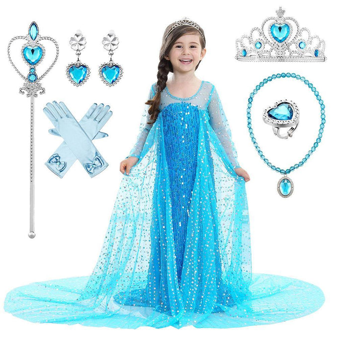 Kids Frozen Costume Princess Elsa Anna Cosplay Maxi Long Dress With Accessories