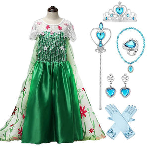 Kids Frozen Costume Princess Elsa Cosplay Birthday or Party Green Dress With Accessories