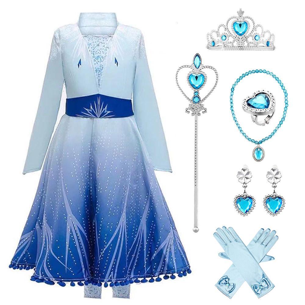 Kids Frozen Costume Princess Elsa Cosplay Birthday or Party Dress With Accessories