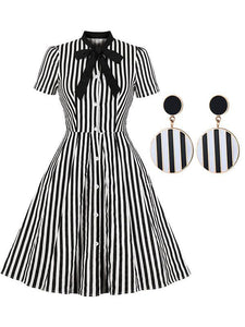 Beetlejuice Costume Pocket Dress With Black and White Vertical Stripe Set