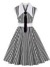 Load image into Gallery viewer, Beetlejuice Costume Black and White Vertical Stripe Swing Dress With Tie