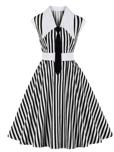 Beetlejuice Costume Black and White Vertical Stripe Swing Dress With Tie