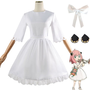 Women and Kids Spy x Family Costume Anya Forger Cosplay White Dress with Headdress and Stockings
